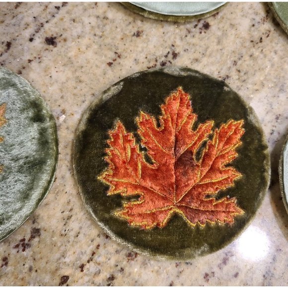 Vintage Velvet Orange Green Leaf Stitching Coasters Set of 6 Fall Autumn Holiday - Picture 4 of 10